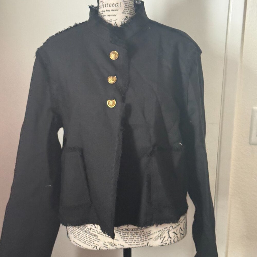 Zara Black Frayed Edge Boxy Jacket with Gold Buttons